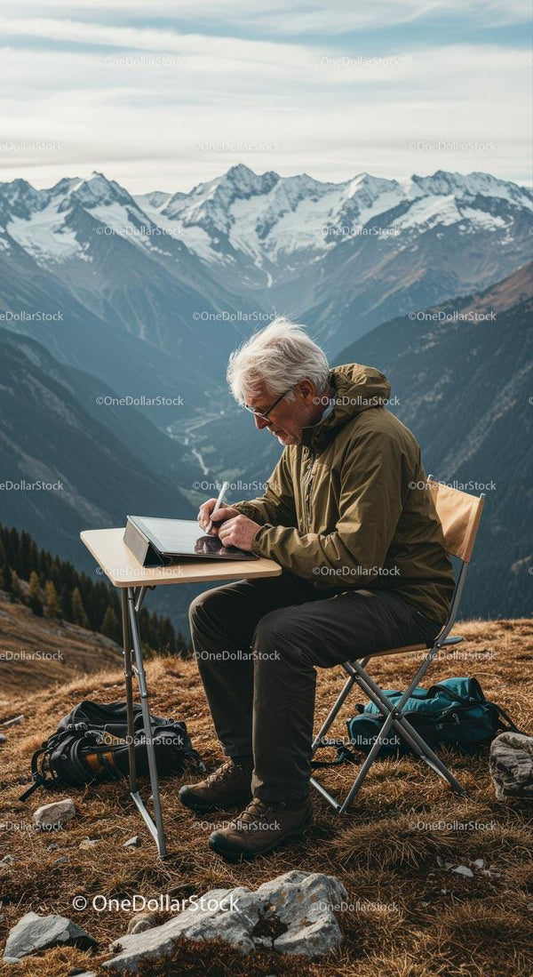 Senior Man Working Remotely in Scenic Mountain Landscape