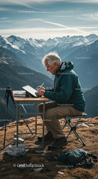 Senior Man Sketching on Tablet Amidst Stunning Mountain Views