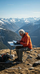 Senior Man Writing at Outdoor Desk with Mountain View