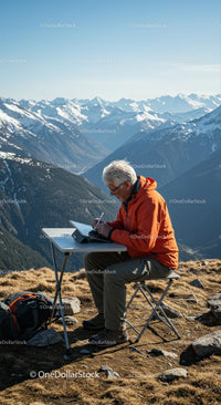 Senior Man Writing at Outdoor Desk with Mountain View