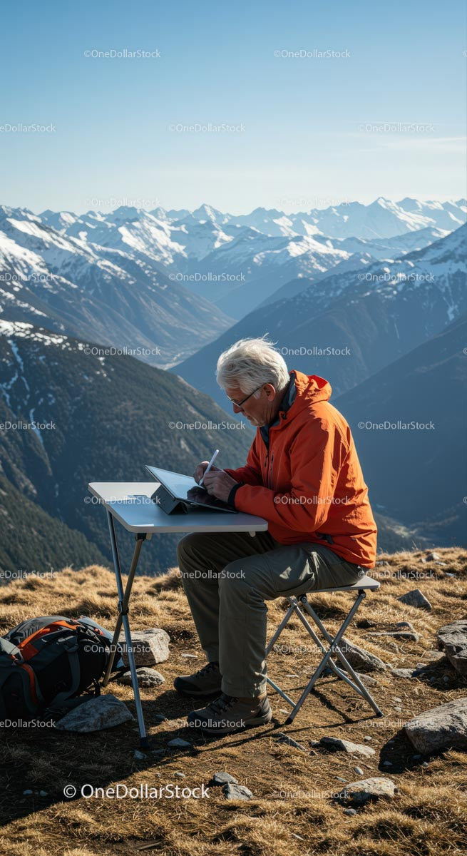 Senior Man Writing at Outdoor Desk with Mountain View