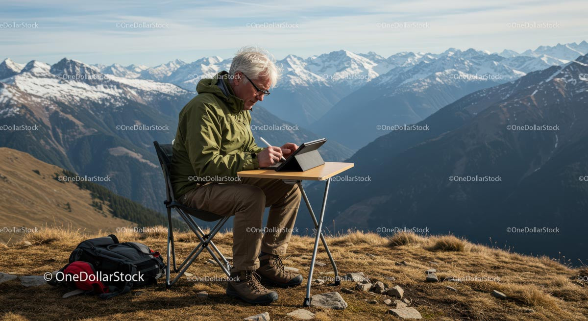 Hiker Working Remotely with Tablet in Snowy Mountains