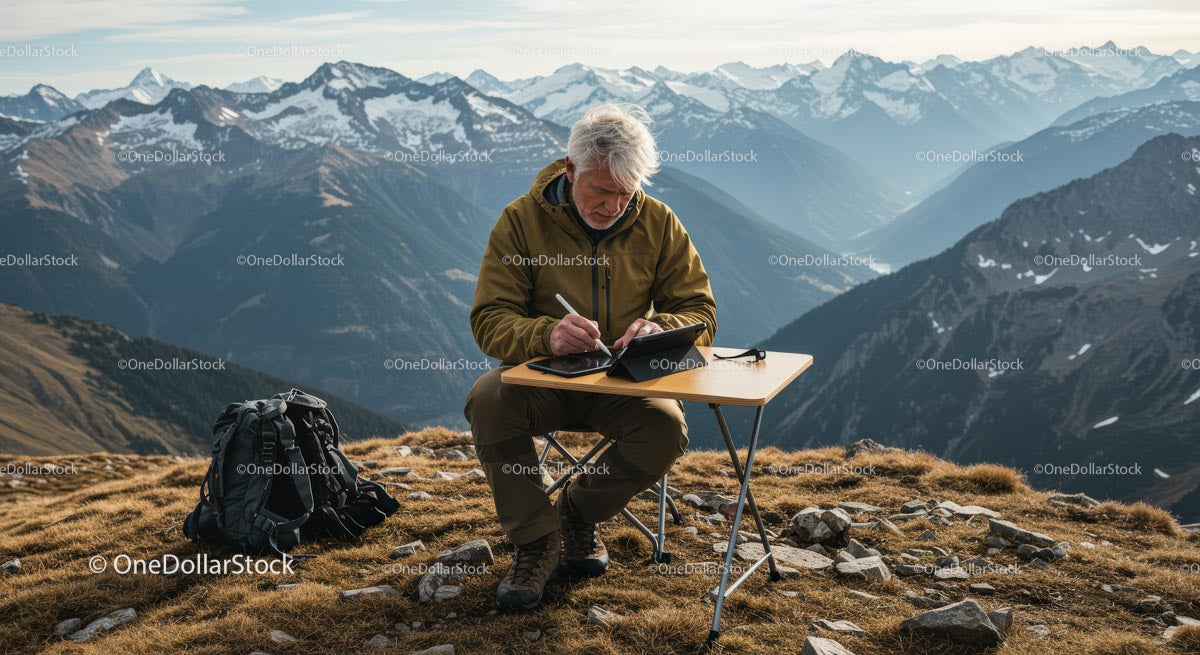 Senior Man Sketching with Tablet Amidst Mountain Peaks