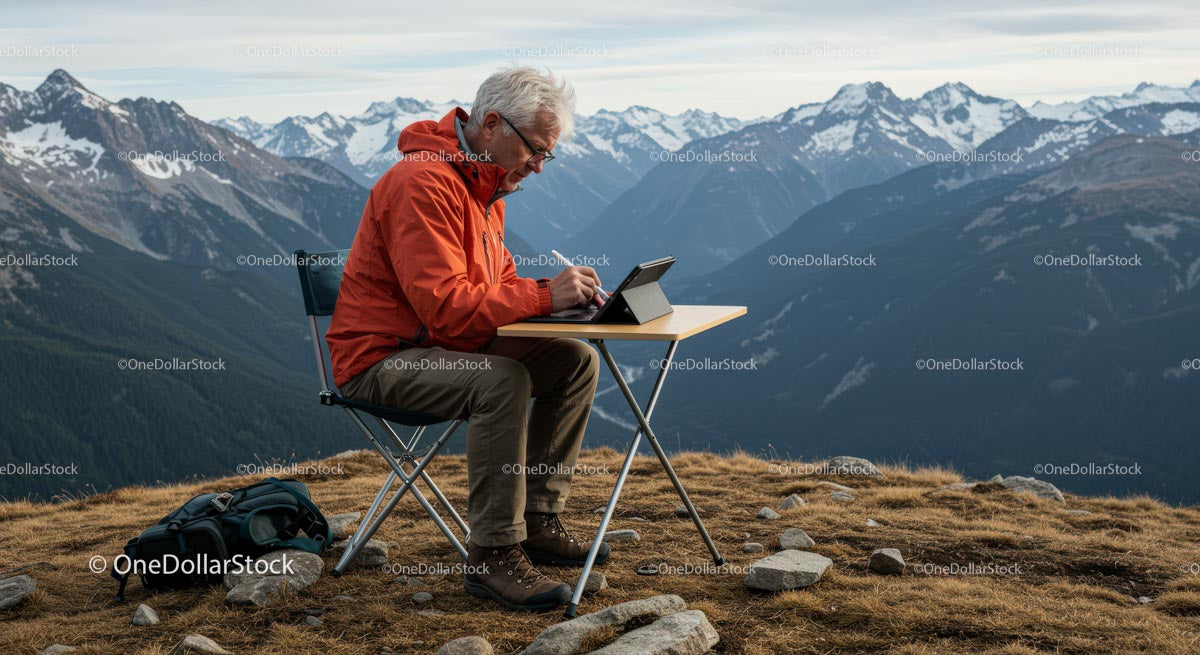 Senior Man Remote Working in Majestic Mountain Setting