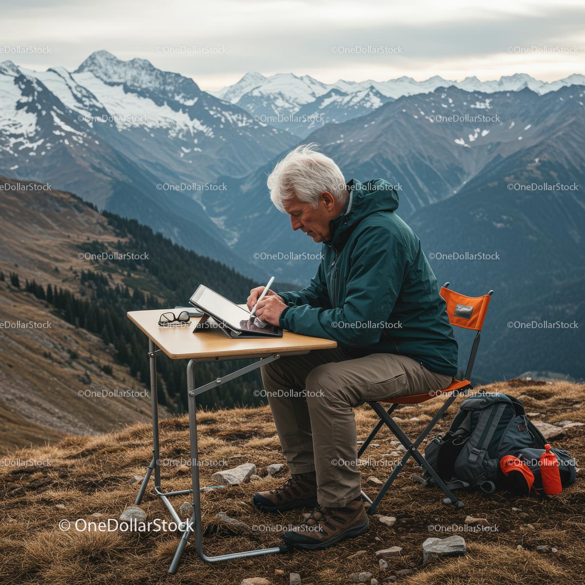 Senior Man Sketching in the Scenic Alps