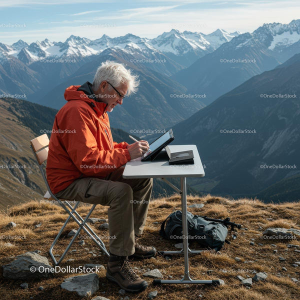 Man Working on Tablet Amidst Majestic Mountain Peaks