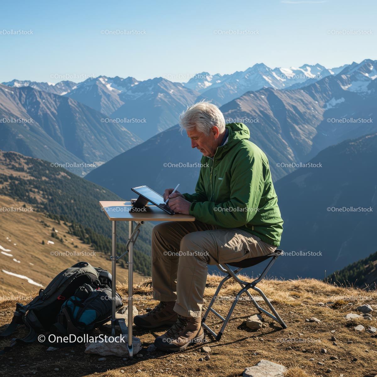 Senior Man Working on Tablet in Majestic Mountain Scenery