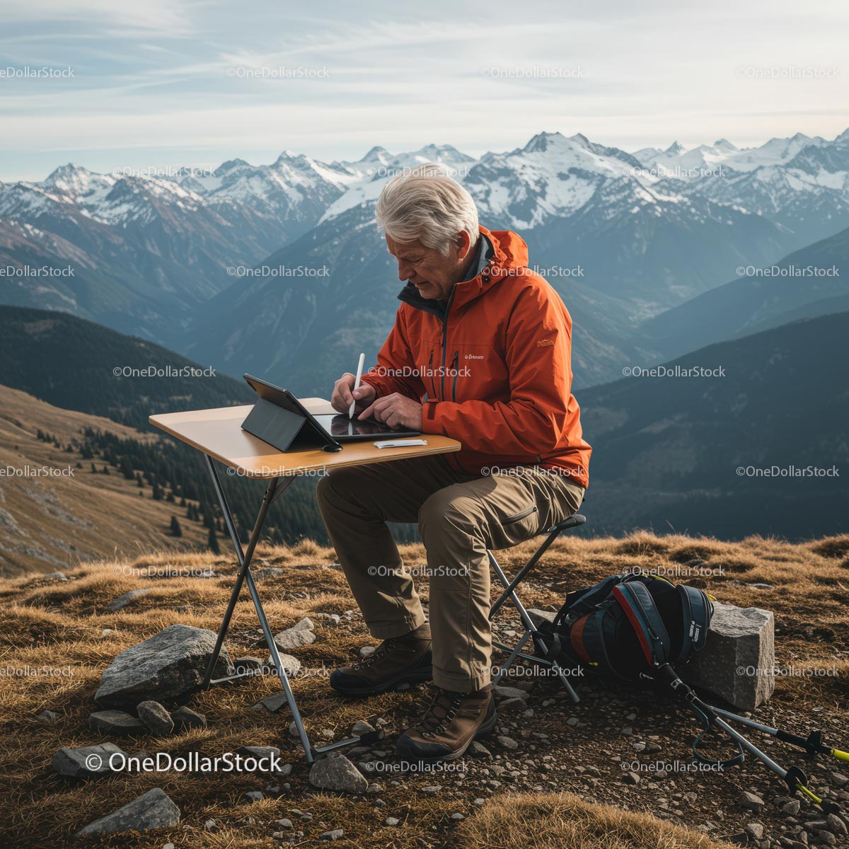 Senior Man Working on Tablet in Scenic Mountain Landscape