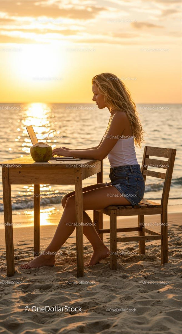Kobieta Pracująca na Laptopie na Plaży o Zachodzie Słońca