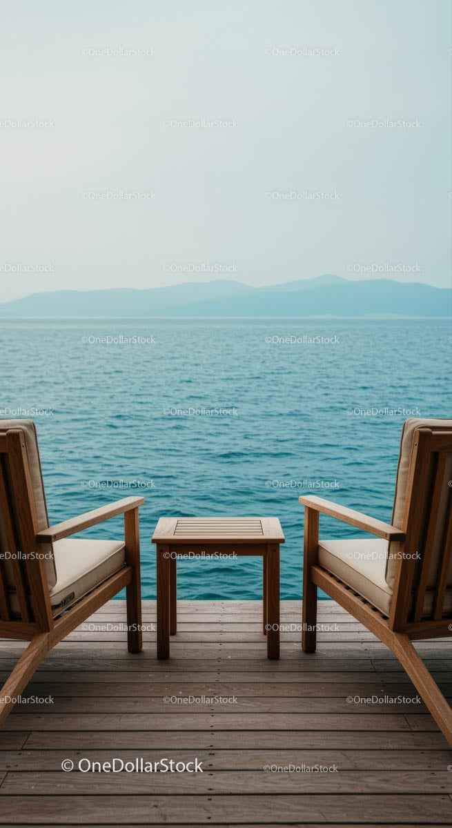 Tranquil Seaside Deck with Ocean View and Wooden Chairs