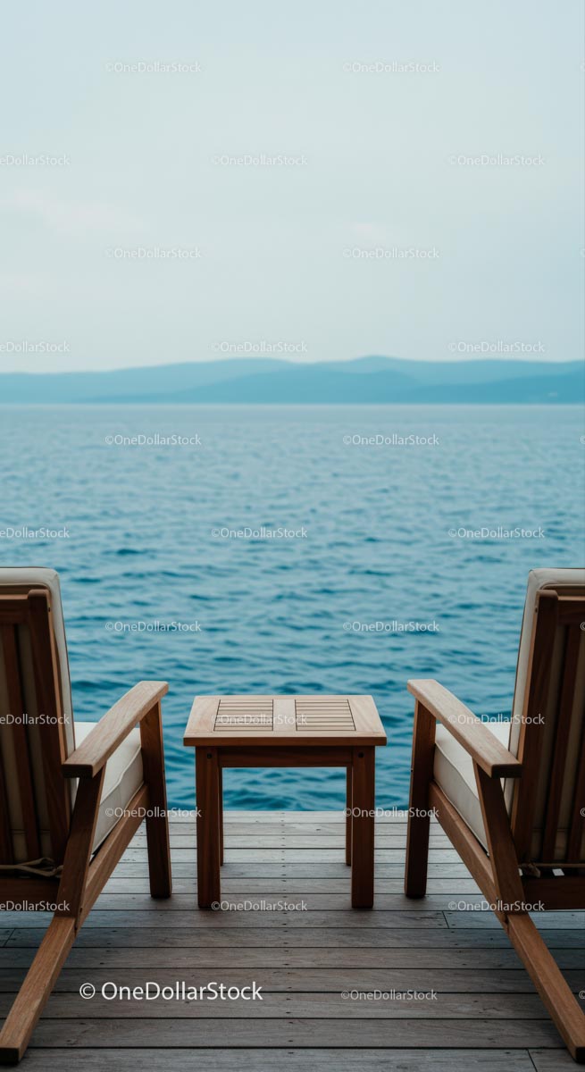 Tranquil Oceanfront Deck with Wooden Chairs