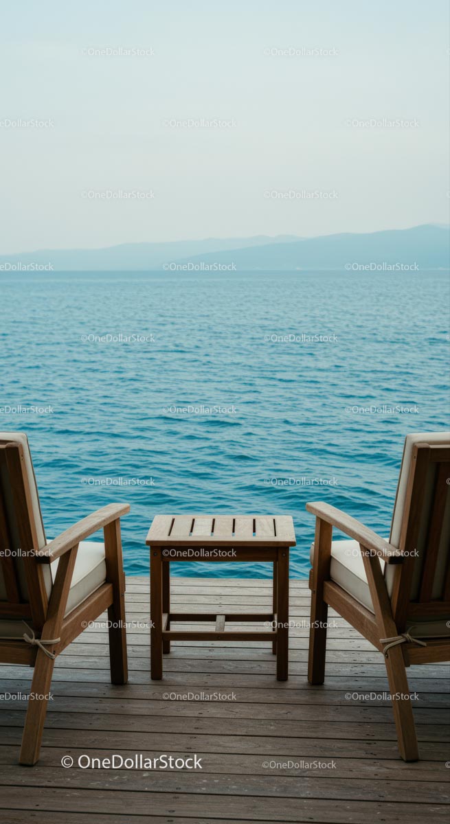 Tranquil Seaside Chairs on a Wooden Deck Overlooking Ocean