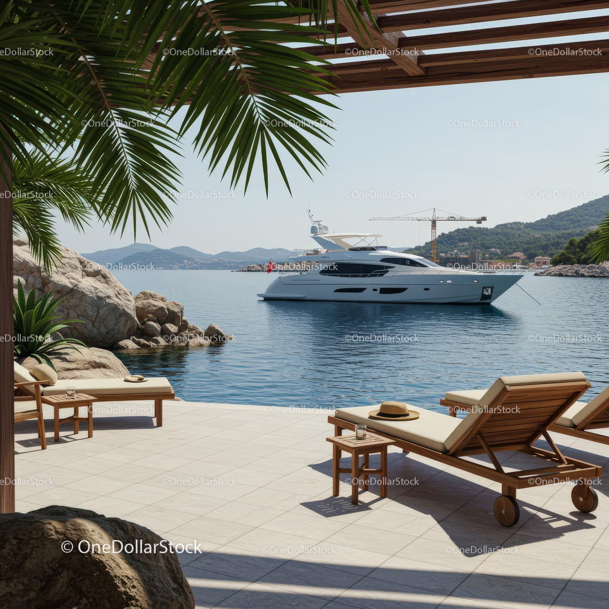 Luxury Yacht View from Elegant Seaside Patio