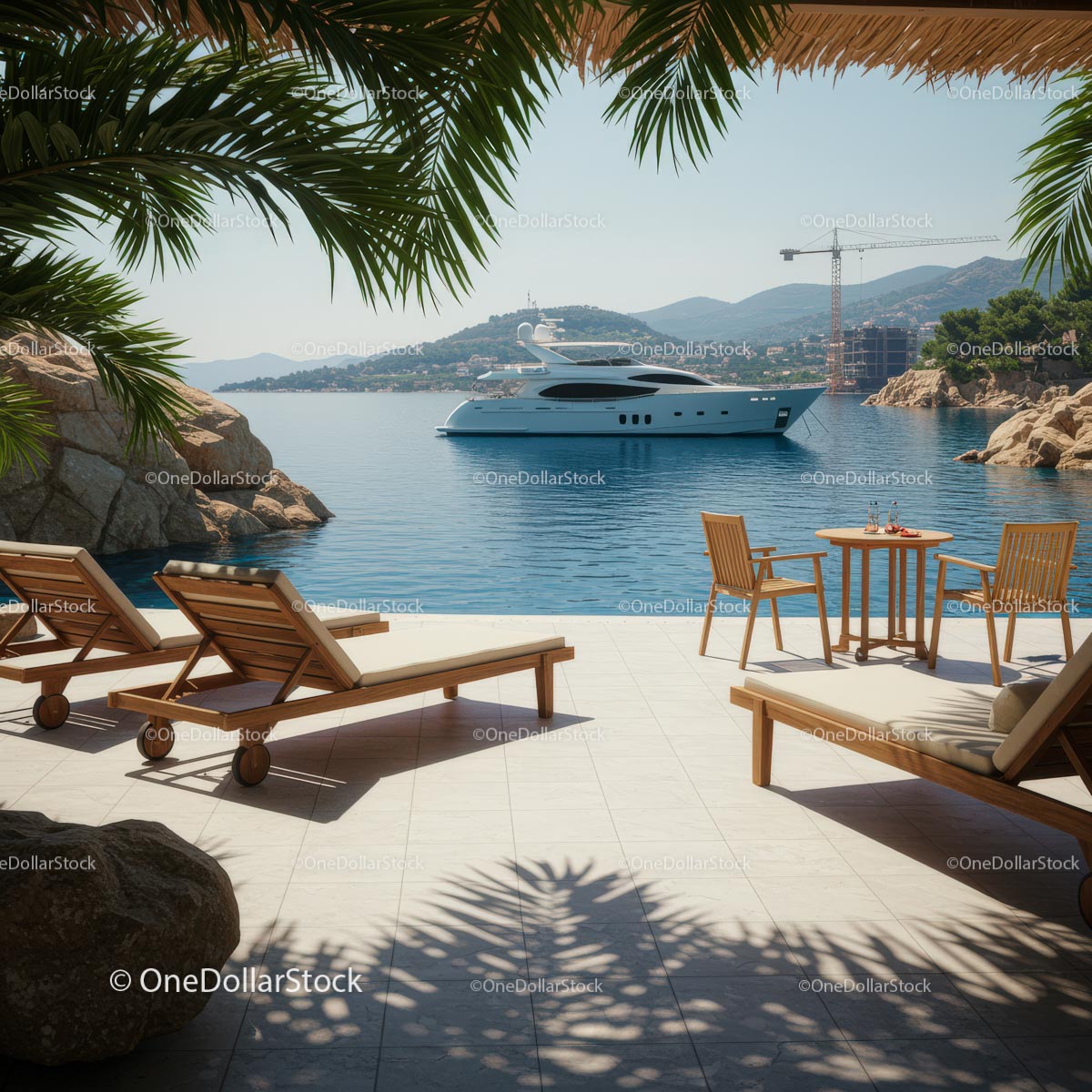 Luxury Yacht and Beachside Deck in Tropical Paradise