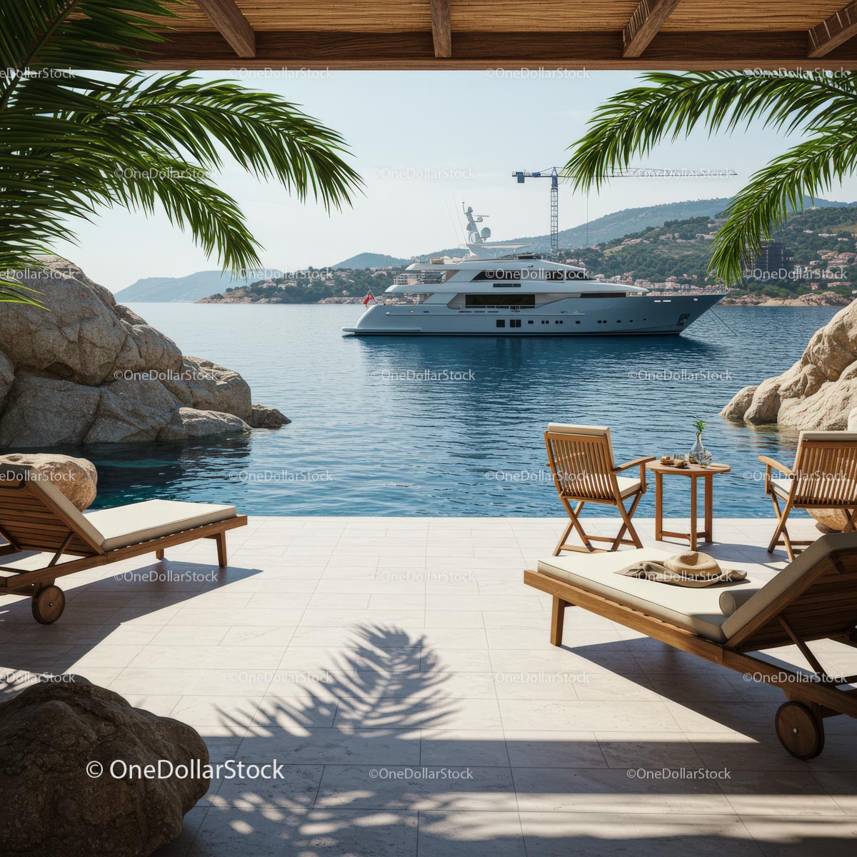Luxury Yacht and Serene Seascape from Beachside Patio