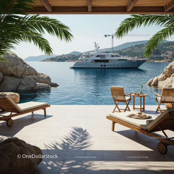 Luxury Yacht and Serene Seascape from Beachside Patio