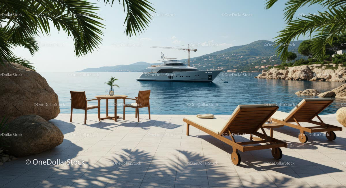 Luxury Yacht Beside Idyllic Oceanfront with Palm Trees