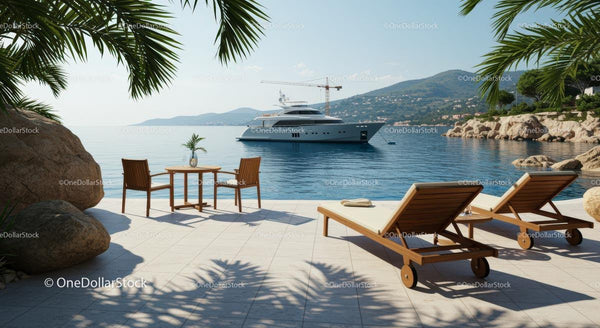 Luxury Yacht Beside Idyllic Oceanfront with Palm Trees