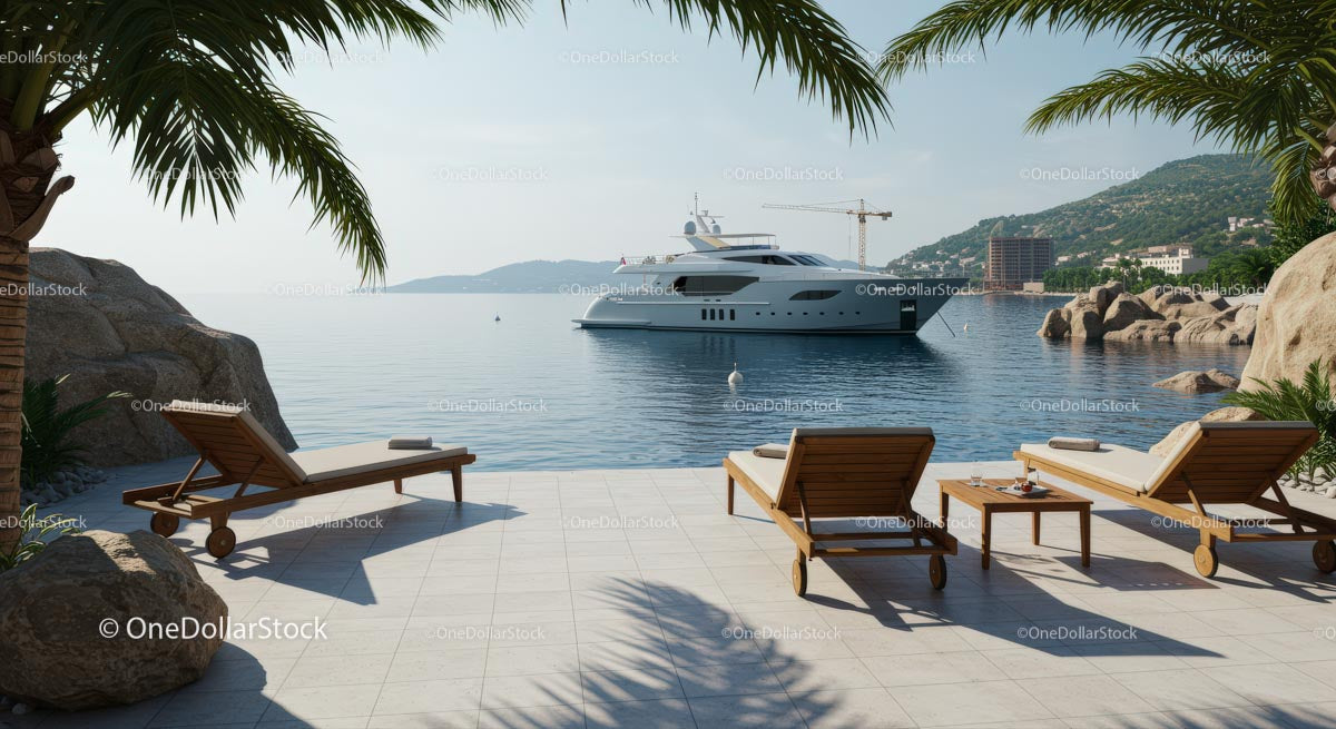 Luxury Seaside Escape with Yacht and Palm Trees