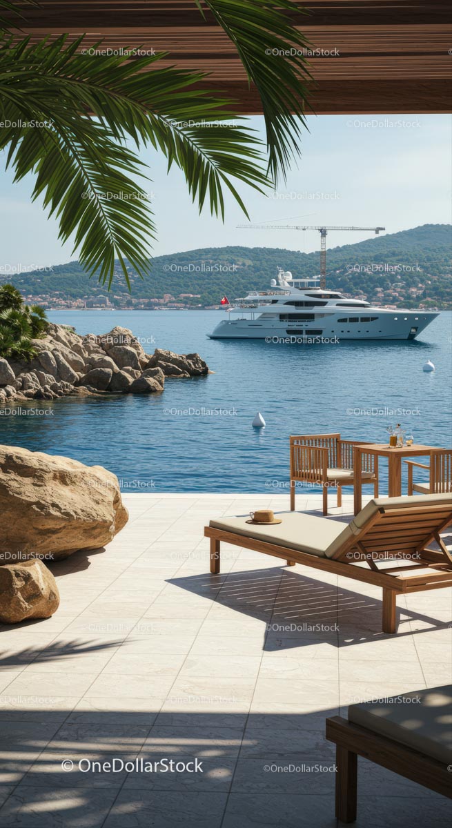 Luxury Yacht by Serene Seaside Villa with Palm Views
