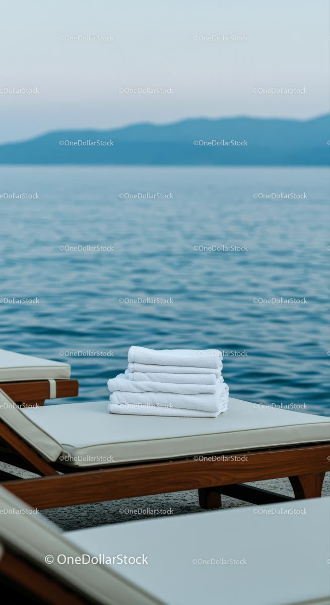 Elegant Poolside View with Stacked White Towels by the Ocean