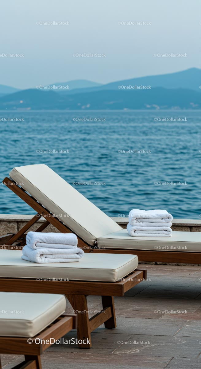 Oceanfront Sun Loungers with Towels and Sea View