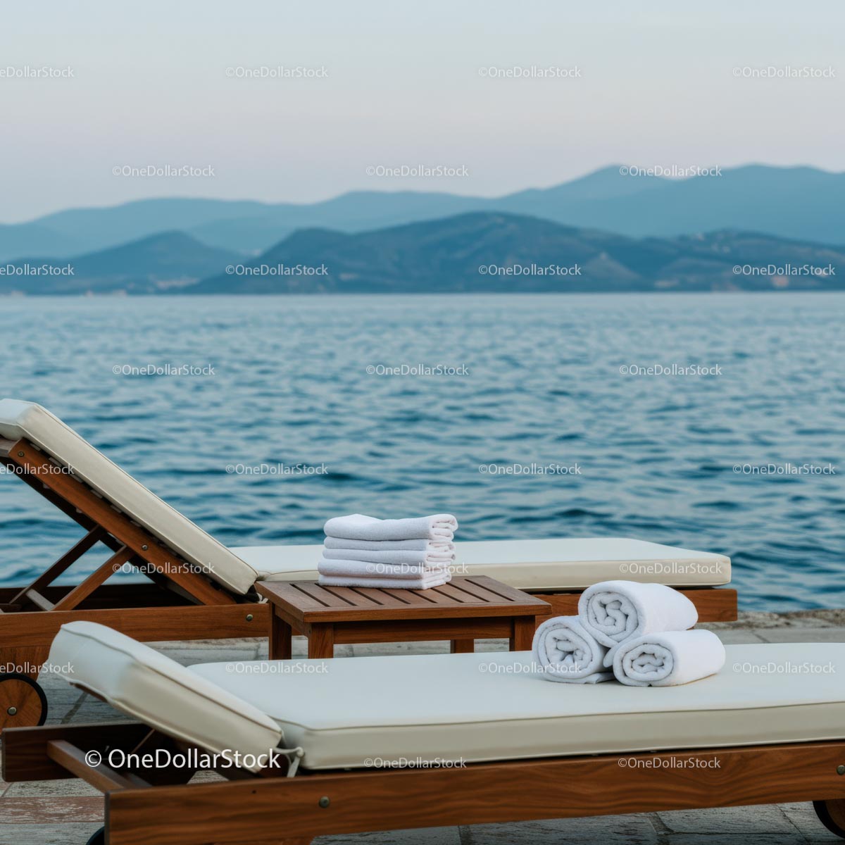 Elegant Sun Loungers by a Tranquil Ocean View