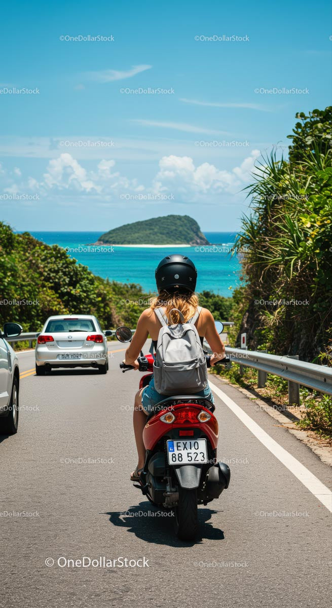 Woman Riding Scooter on Scenic Tropical Road
