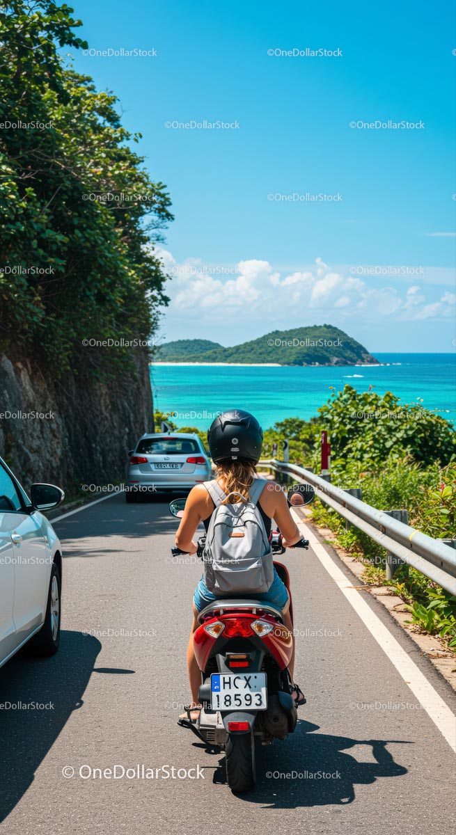 Woman Riding Scooter on Scenic Coastal Road