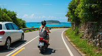 Backpacker Riding a Scooter on a Scenic Coastal Road
