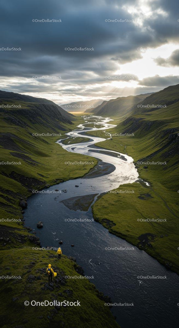 Adventurers in a Serene River Valley Landscape