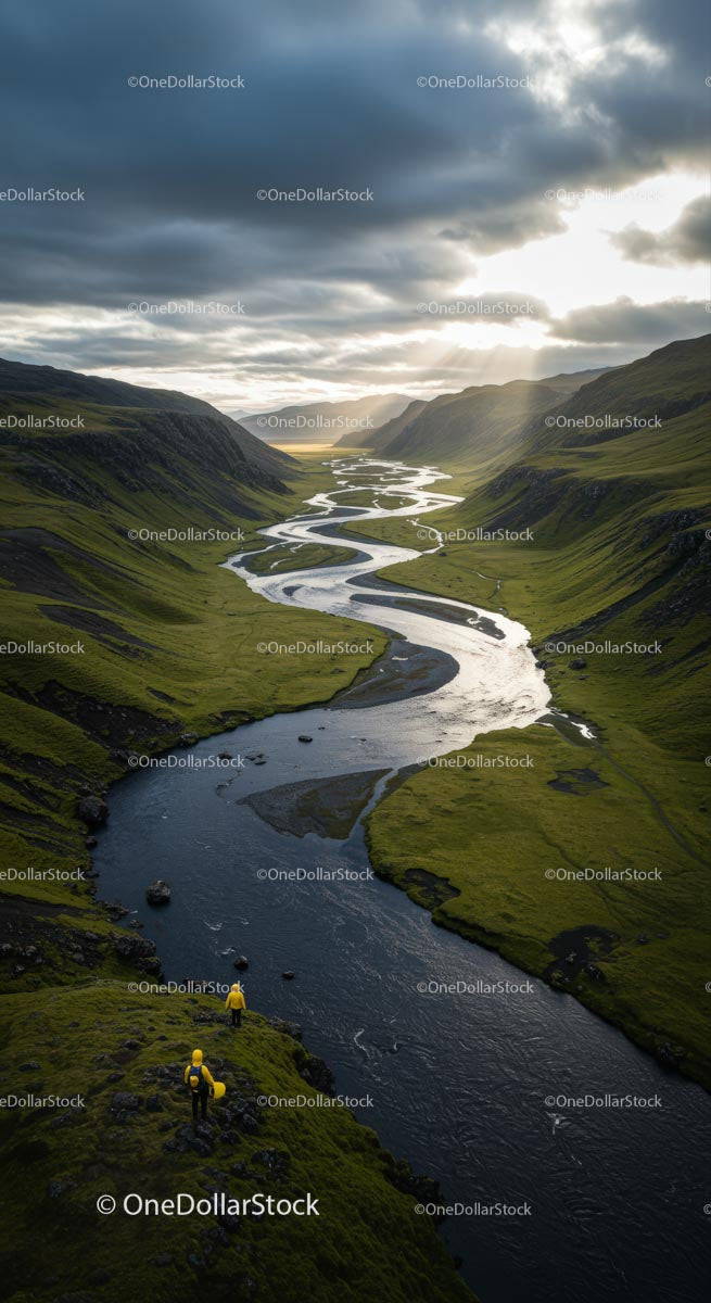 Winding River through a Green Valley at Sunset