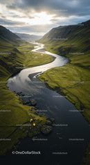 Winding River through a Green Valley at Sunset
