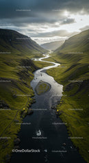 Winding River through a Green Valley at Sunset