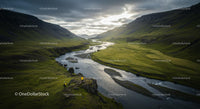 Hikers Exploring Serene Valley with Flowing River