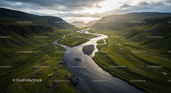 Scenic River Valley with Majestic Mountains and Lush Greenery