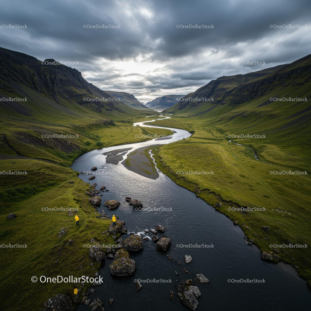 Winding River Through Verdant Valley Under Cloudy Skies