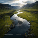 Winding River Through Green Valley at Sunset
