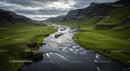 Dramatic River Valley with Lush Green Hills and Majestic Mountains