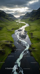 Winding River through a Green Valley at Sunset