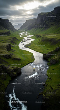Winding River through a Green Valley at Sunset