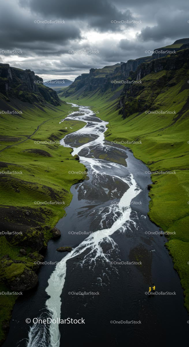 Winding River through Lush Green Icelandic Valley