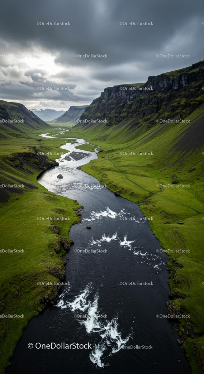 Winding River through a Green Valley at Sunset