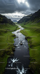 Scenic River Valley with Dramatic Cloudy Skies
