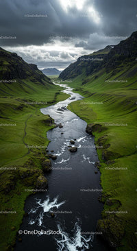 Winding River through a Green Valley at Sunset