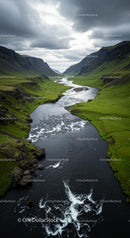 Winding River through a Green Valley at Sunset