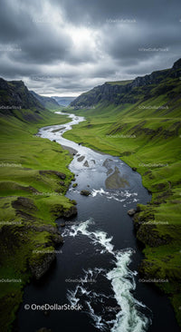 Winding River through a Green Valley at Sunset