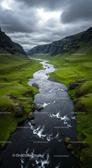 Winding River through a Green Valley at Sunset