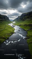 Winding River through a Green Valley at Sunset