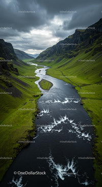 Winding River through a Green Valley at Sunset